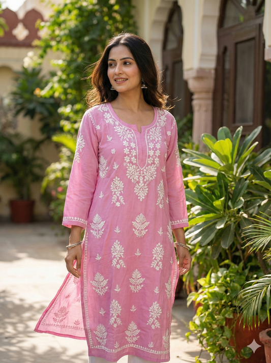 Pink Rayon Chikankari Kurti for Women – Hand Embroidered Lucknowi Kurti | LucknowBestChikankari