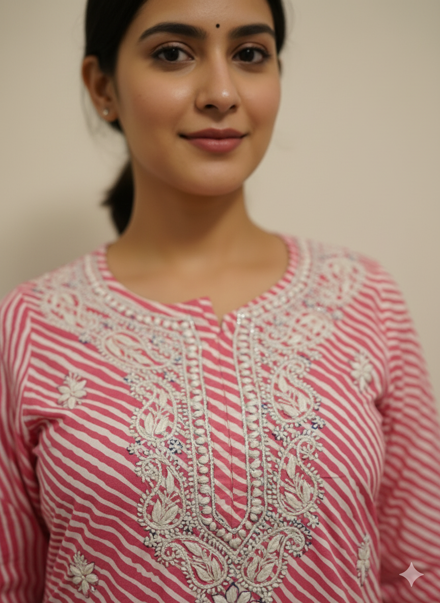 "Pink Printed Cotton Chikankari Kurti with White Hand Embroidery | Stylish Ethnic Wear for Women"