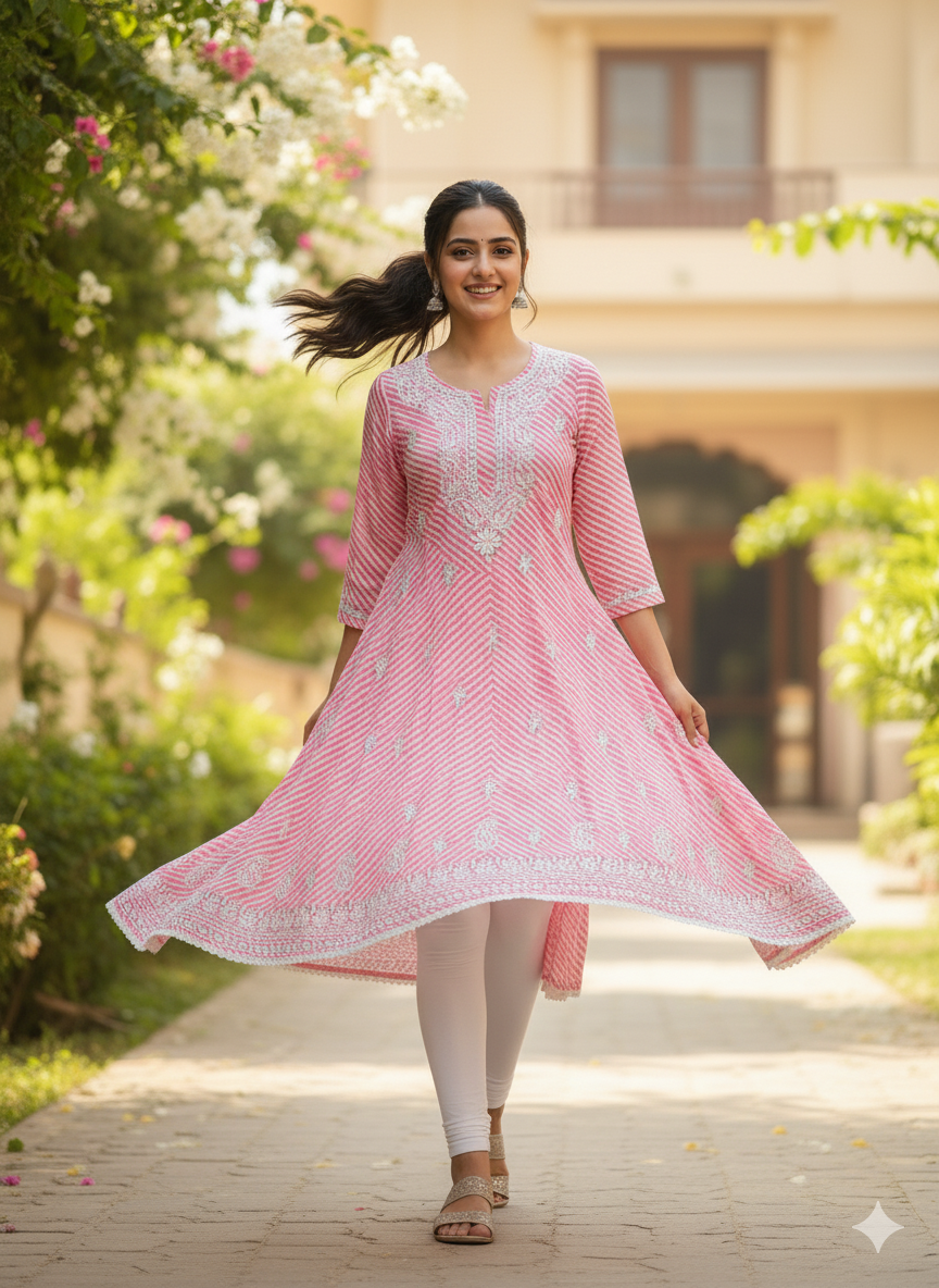 "Pink Printed Cotton Chikankari Kurti with White Hand Embroidery | Stylish Ethnic Wear for Women"