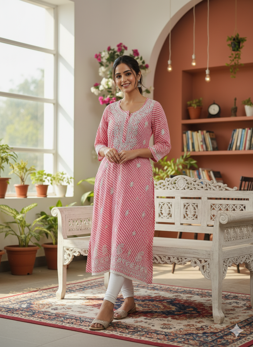 "Pink Printed Cotton Chikankari Kurti with White Hand Embroidery | Stylish Ethnic Wear for Women"