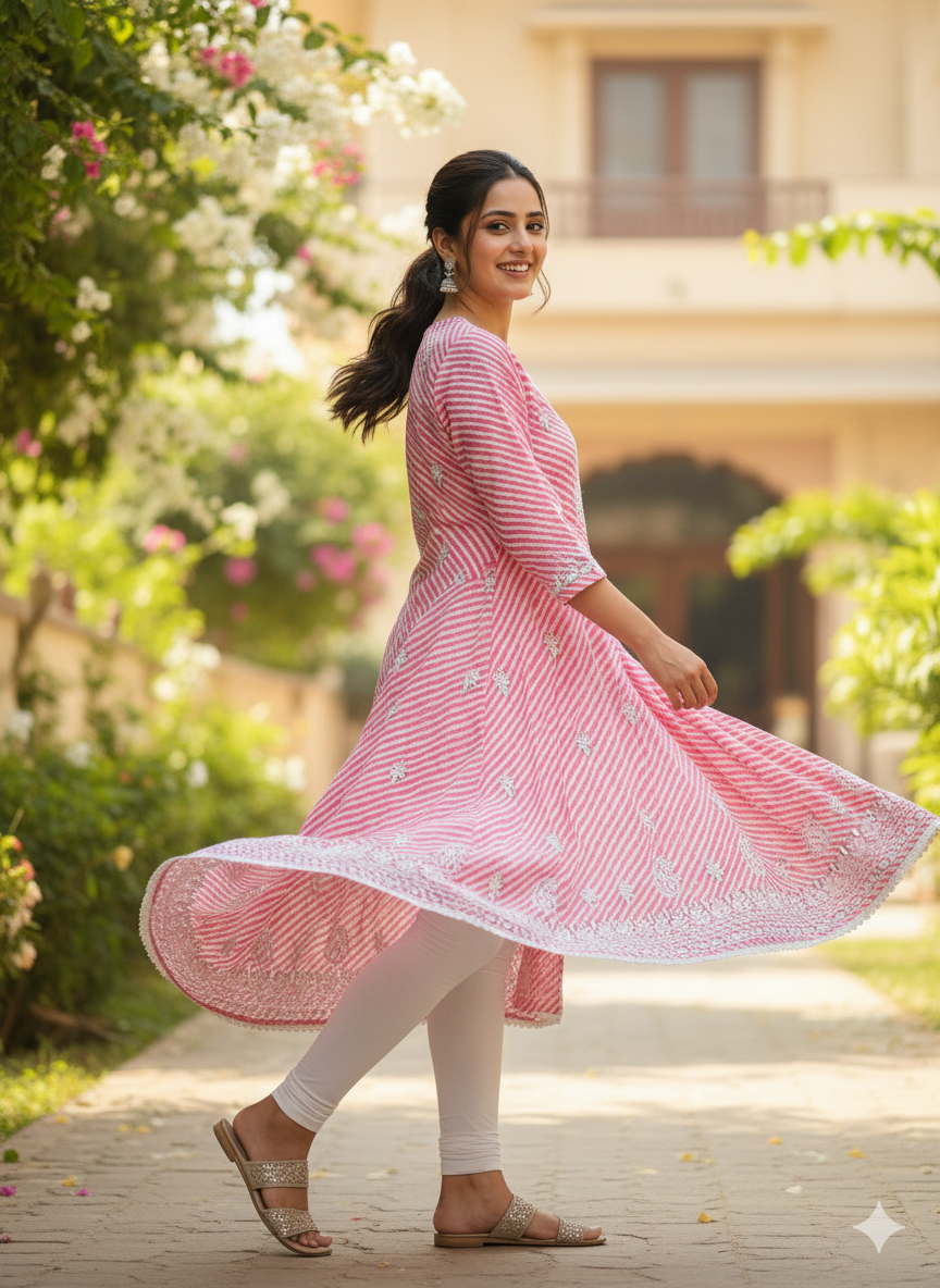"Pink Printed Cotton Chikankari Kurti with White Hand Embroidery | Stylish Ethnic Wear for Women"