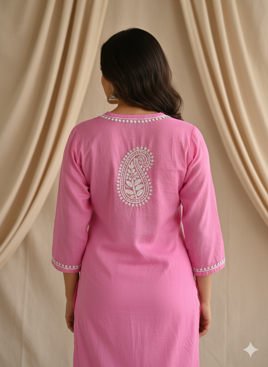 "Pink Modal Chikankari Kurti with White Hand Embroidery | Lucknowi Ethnic Wear for Women"