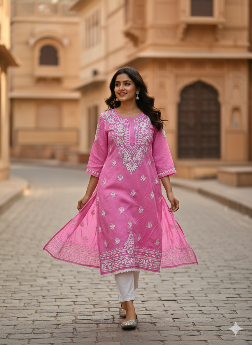 "Pink Modal Chikankari Kurti with White Hand Embroidery | Lucknowi Ethnic Wear for Women"