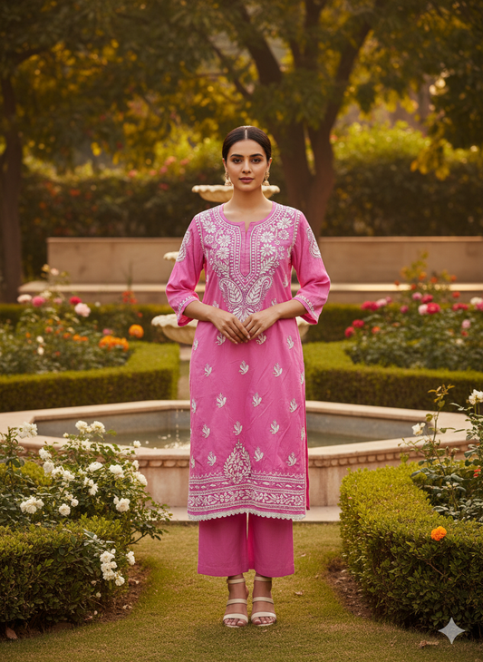 "Pink Modal Chikankari Kurti with White Hand Embroidery | Lucknowi Ethnic Wear for Women"