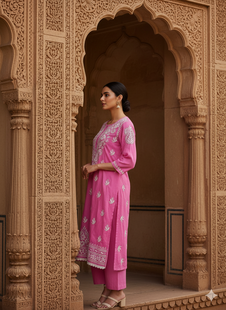 "Pink Modal Chikankari Kurti with White Hand Embroidery | Lucknowi Ethnic Wear for Women"