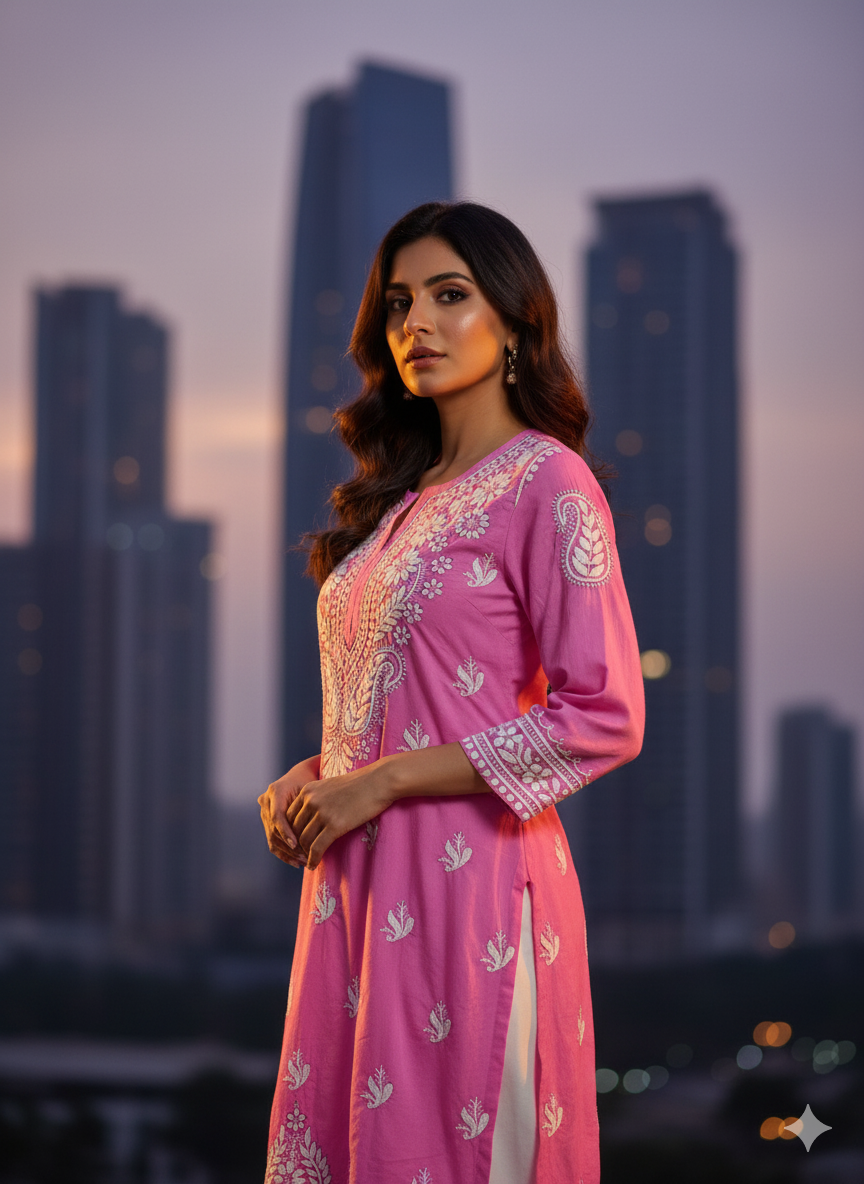 "Pink Modal Chikankari Kurti with White Hand Embroidery | Lucknowi Ethnic Wear for Women"