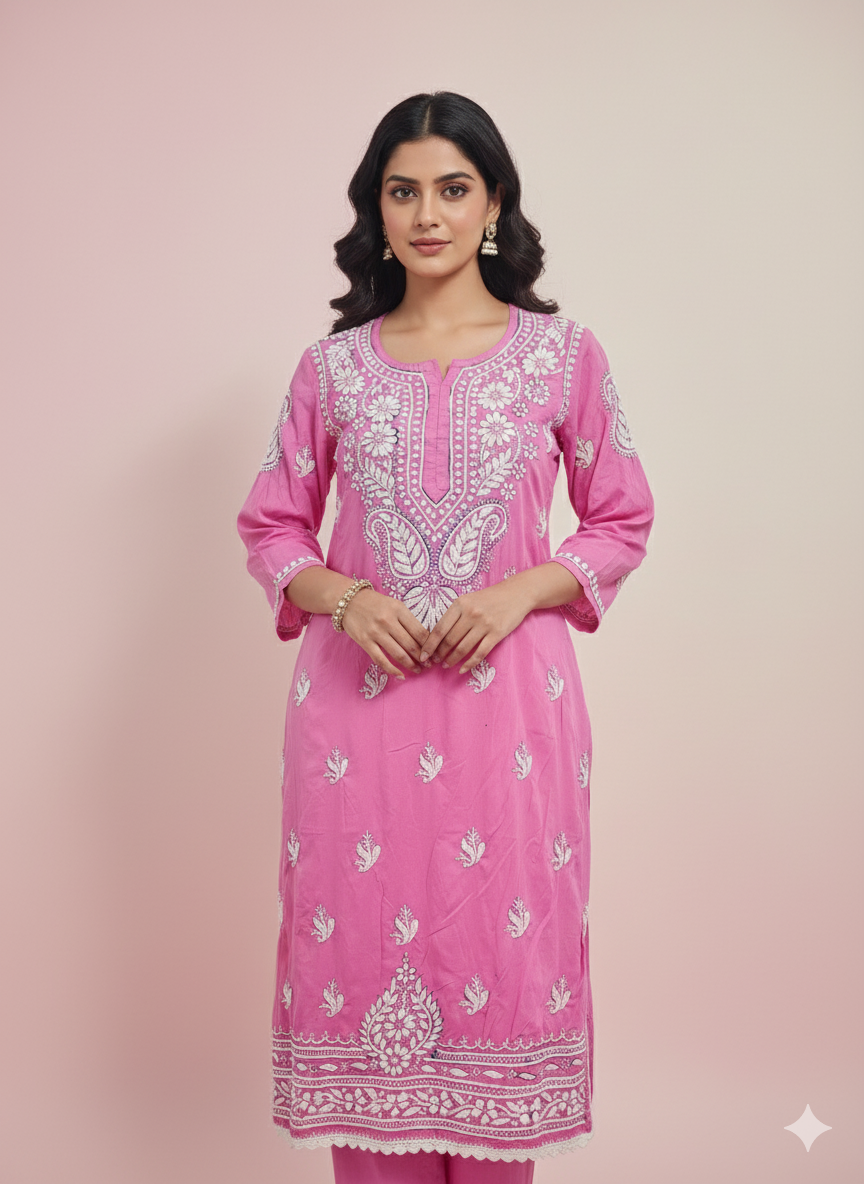 "Pink Modal Chikankari Kurti with White Hand Embroidery | Lucknowi Ethnic Wear for Women"