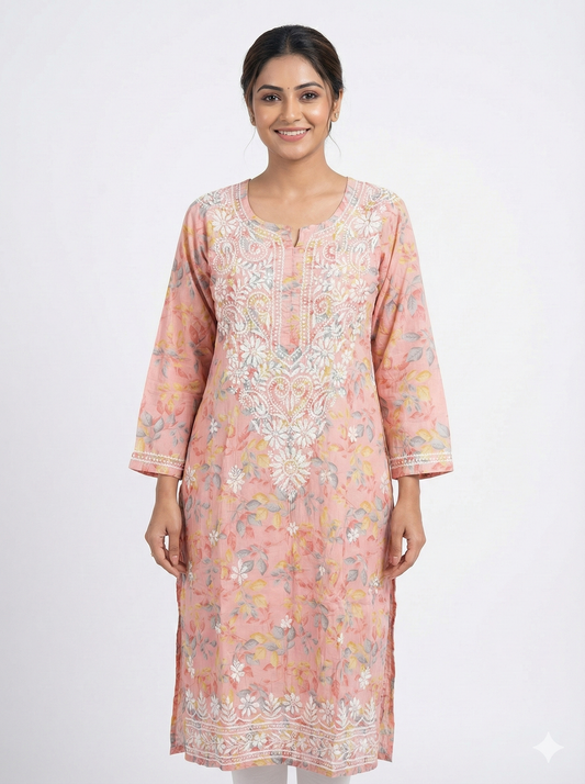 Peach Pink Floral Malmal Chikankari Kurti for Women – Hand Embroidered Lucknowi Kurti | LucknowBestChikankari
