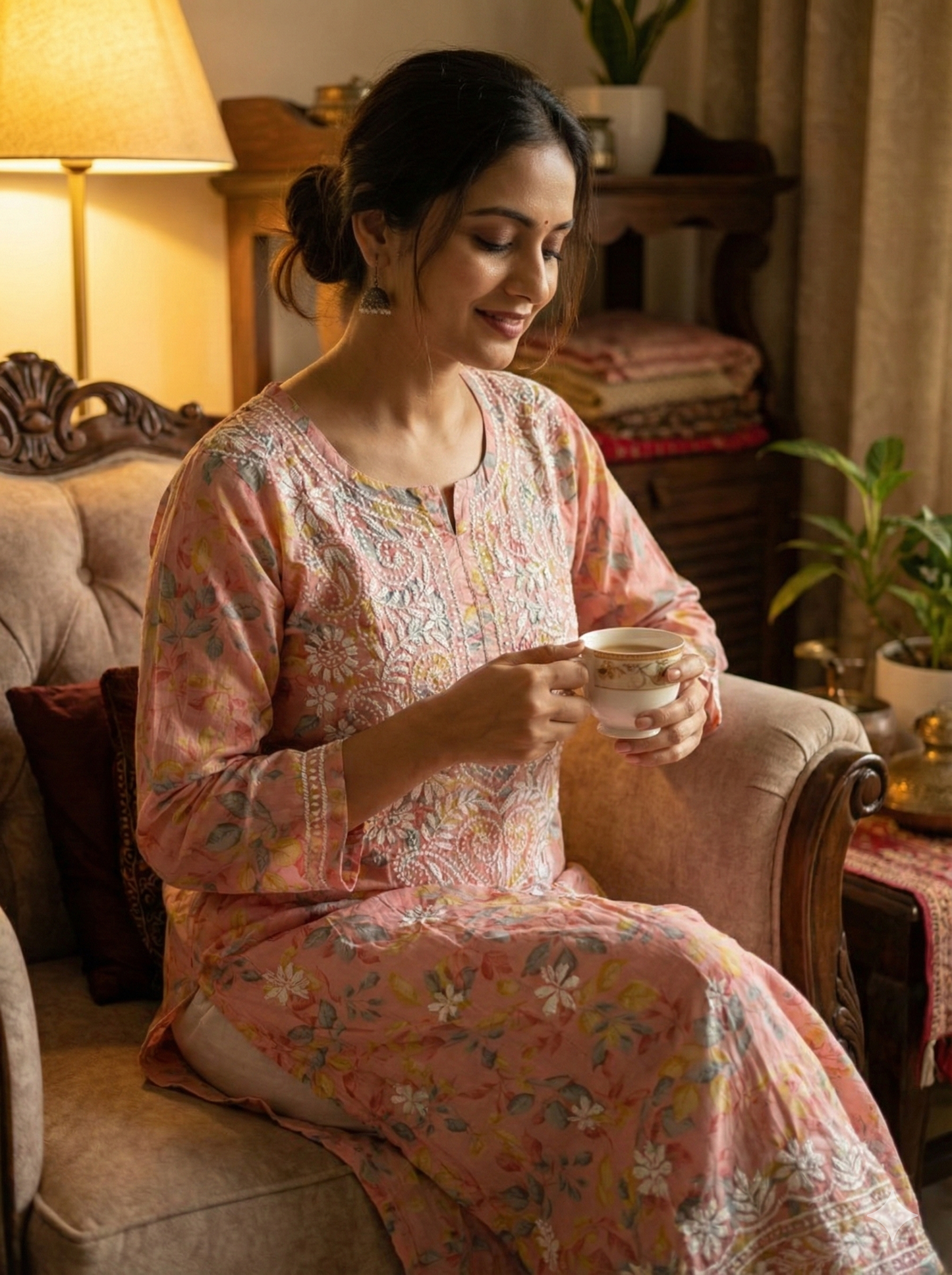 Peach Pink Floral Malmal Chikankari Kurti for Women – Hand Embroidered Lucknowi Kurti | LucknowBestChikankari