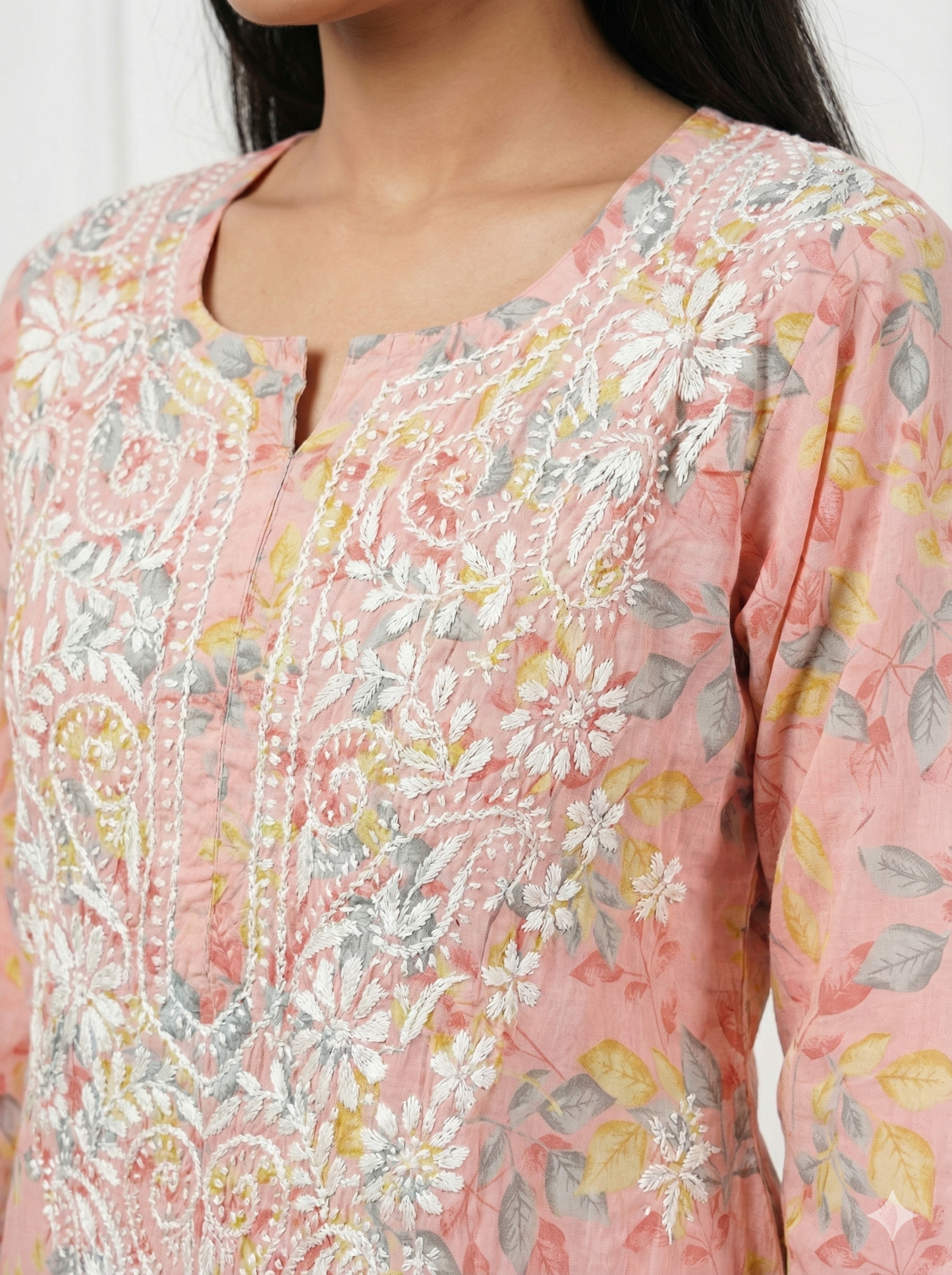 Peach Pink Floral Malmal Chikankari Kurti for Women – Hand Embroidered Lucknowi Kurti | LucknowBestChikankari