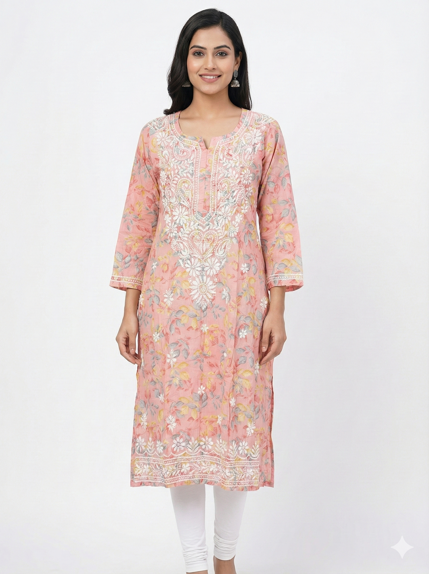 Peach Pink Floral Malmal Chikankari Kurti for Women – Hand Embroidered Lucknowi Kurti | LucknowBestChikankari
