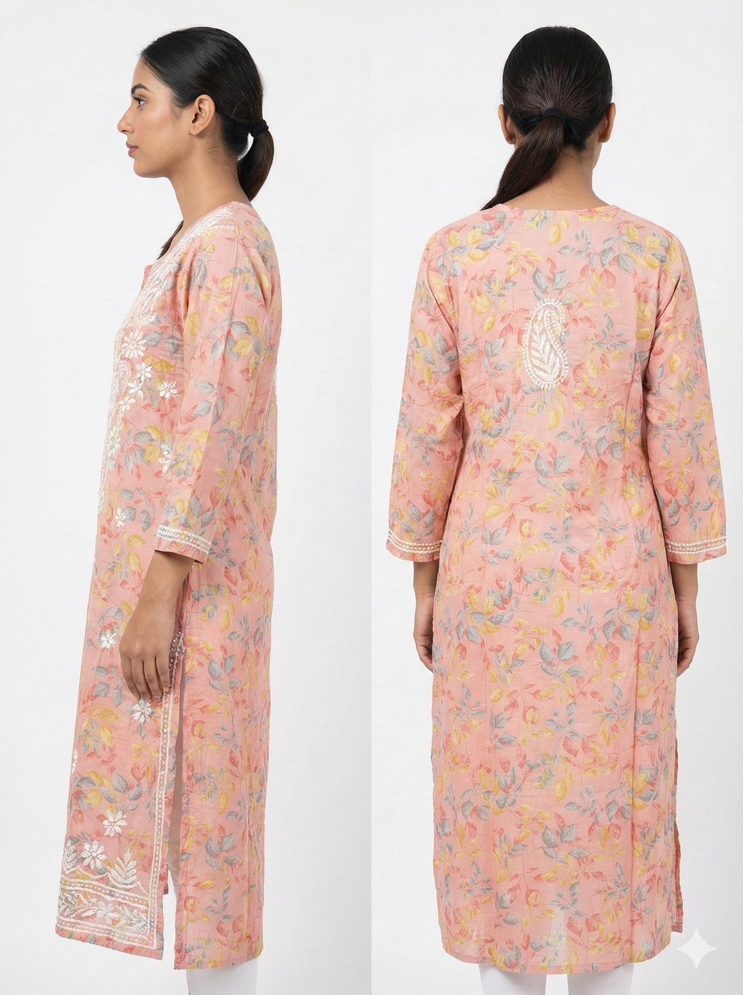 Peach Pink Floral Malmal Chikankari Kurti for Women – Hand Embroidered Lucknowi Kurti | LucknowBestChikankari
