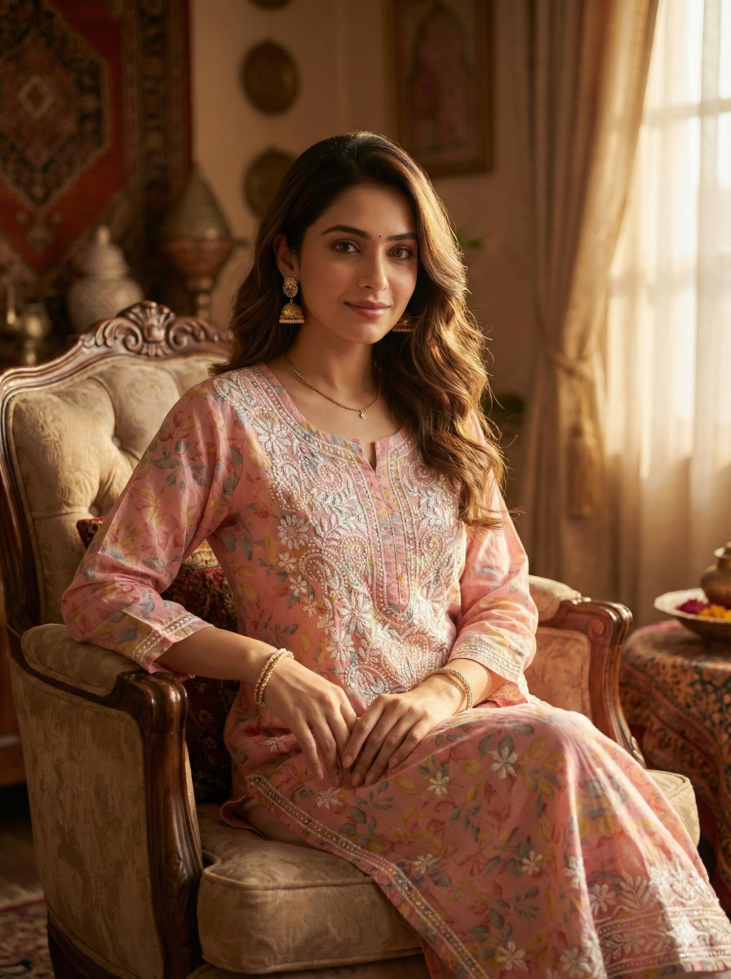 Peach Pink Floral Malmal Chikankari Kurti for Women – Hand Embroidered Lucknowi Kurti | LucknowBestChikankari