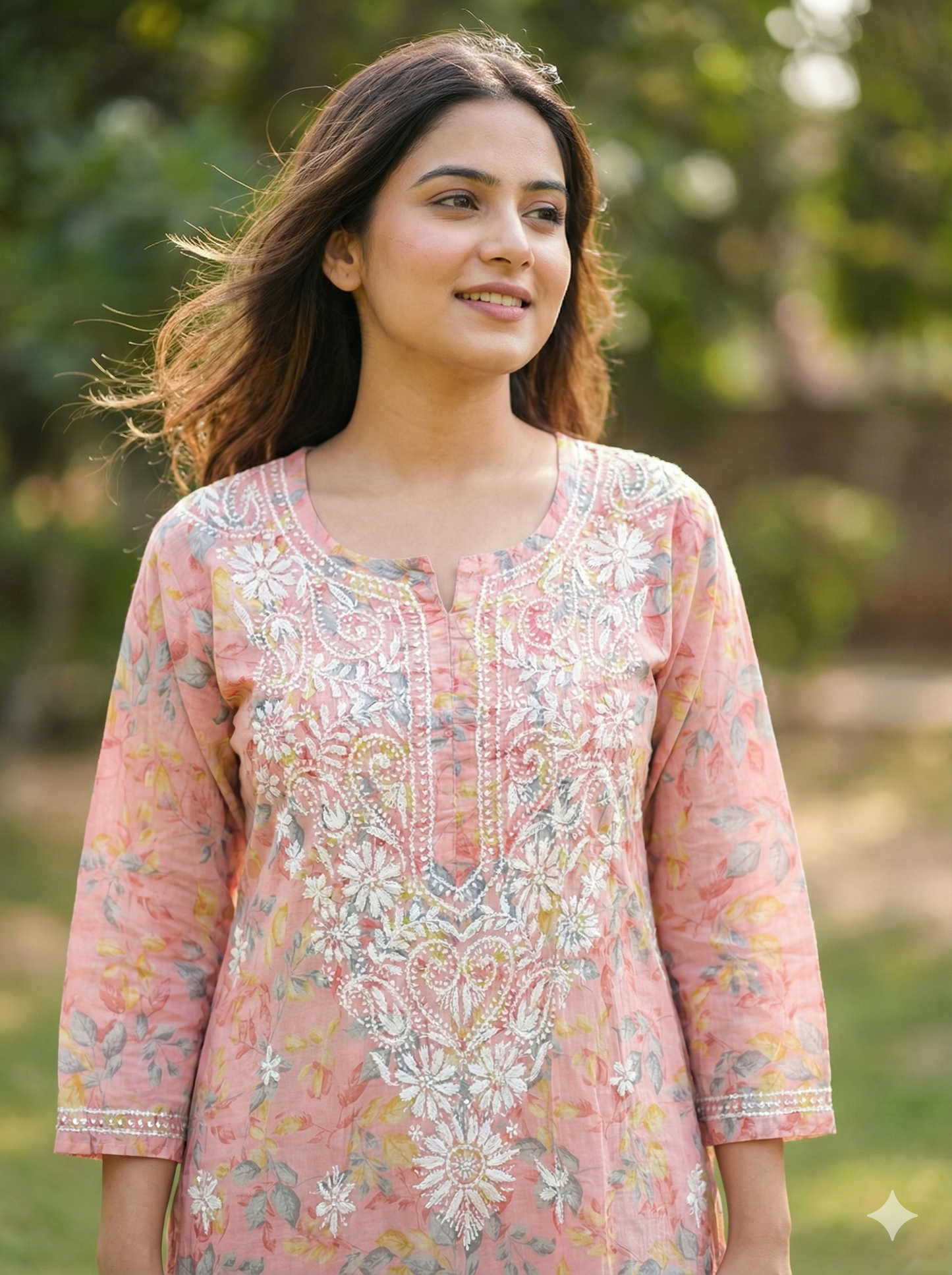 Peach Pink Floral Malmal Chikankari Kurti for Women – Hand Embroidered Lucknowi Kurti | LucknowBestChikankari