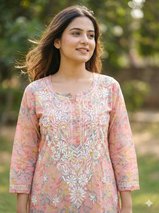 Peach pink floral malmal Chikankari kurti embroidery close up