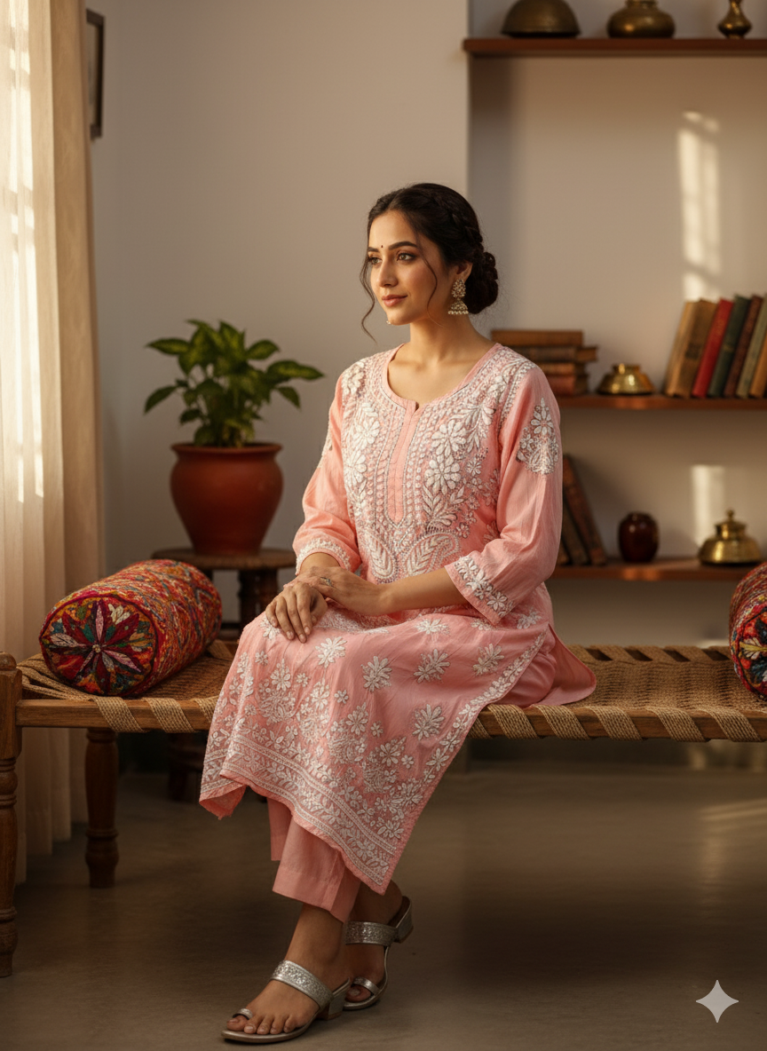 "Pink Modal Chikankari Kurti with White Hand Embroidery | Elegant Lucknowi Ethnic Wear for Women"