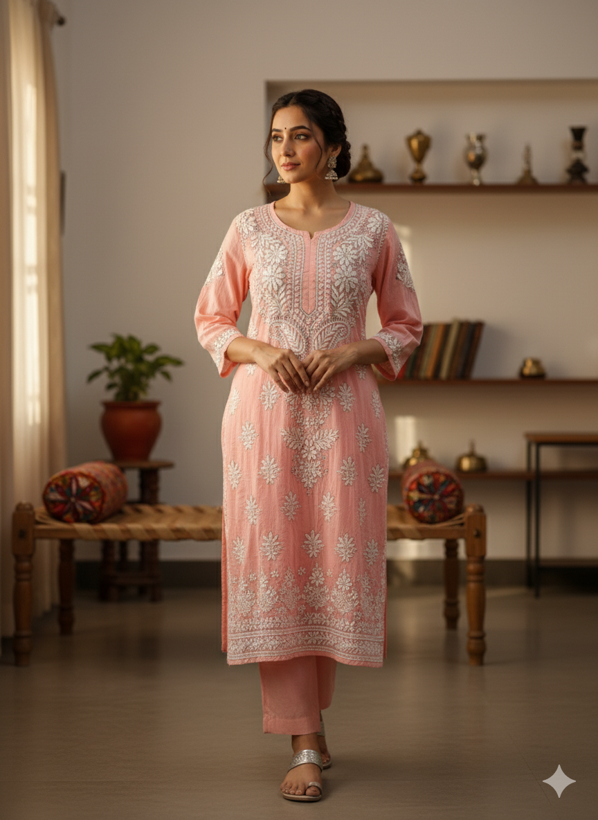 "Pink Modal Chikankari Kurti with White Hand Embroidery | Elegant Lucknowi Ethnic Wear for Women"