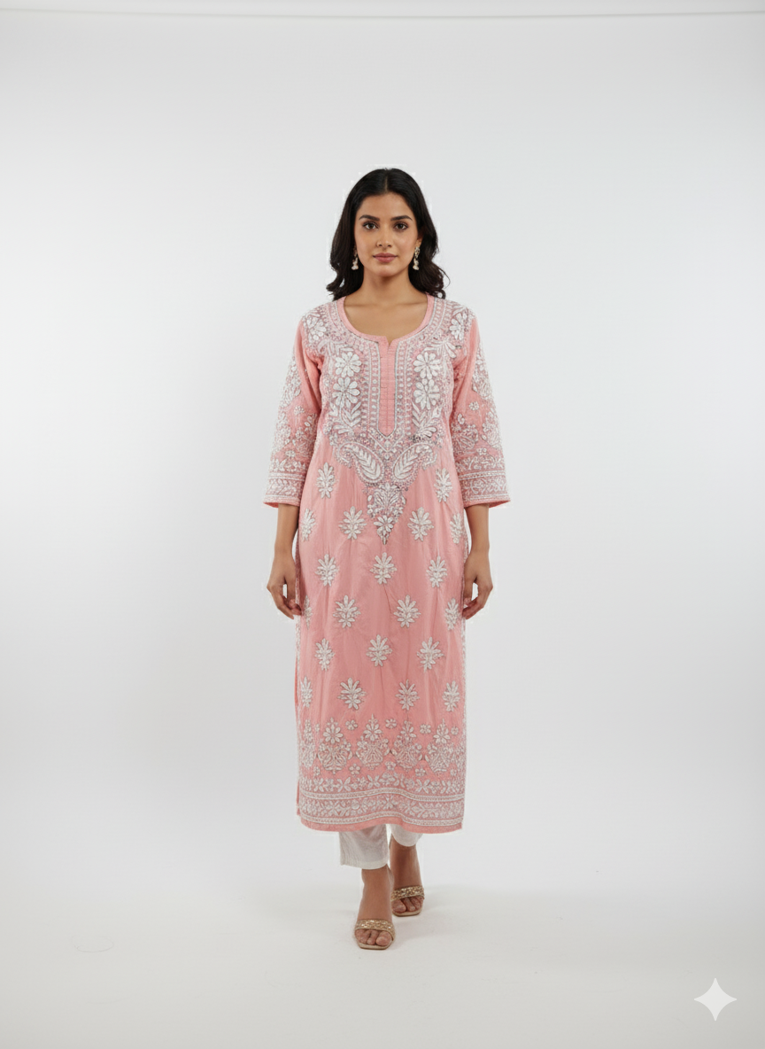 "Pink Modal Chikankari Kurti with White Hand Embroidery | Elegant Lucknowi Ethnic Wear for Women"