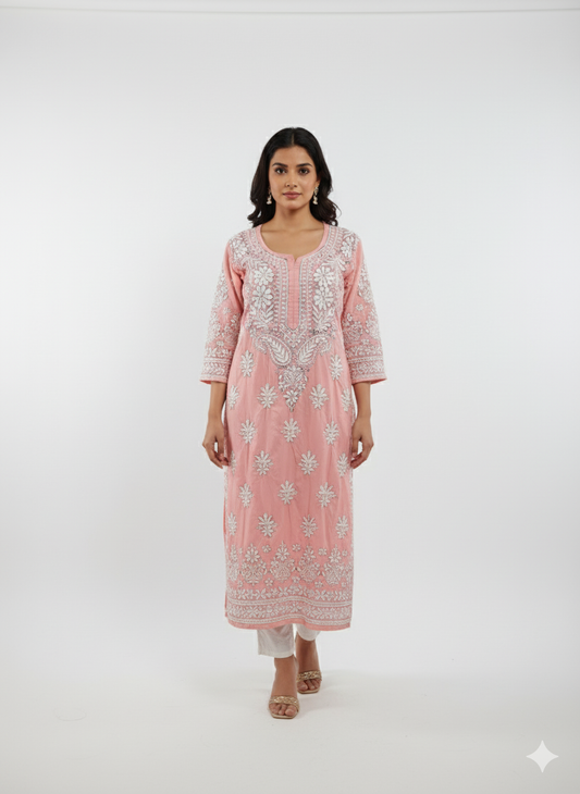 "Pink Modal Chikankari Kurti with White Hand Embroidery | Elegant Lucknowi Ethnic Wear for Women"