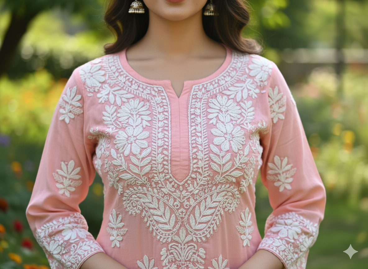 "Pink Modal Chikankari Kurti with White Hand Embroidery | Elegant Lucknowi Ethnic Wear for Women"