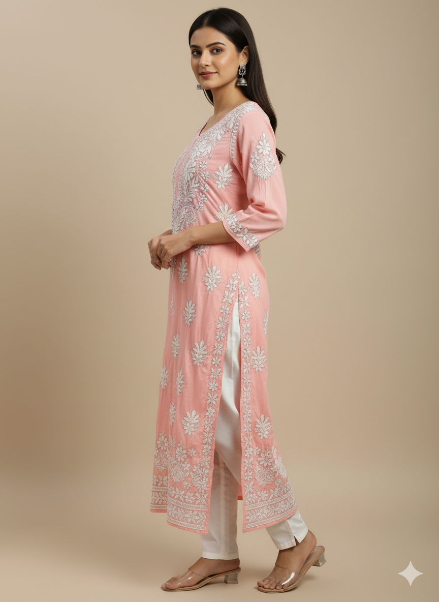"Pink Modal Chikankari Kurti with White Hand Embroidery | Elegant Lucknowi Ethnic Wear for Women"