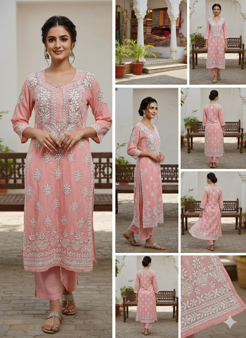 "Pink Modal Chikankari Kurti with White Hand Embroidery | Elegant Lucknowi Ethnic Wear for Women"