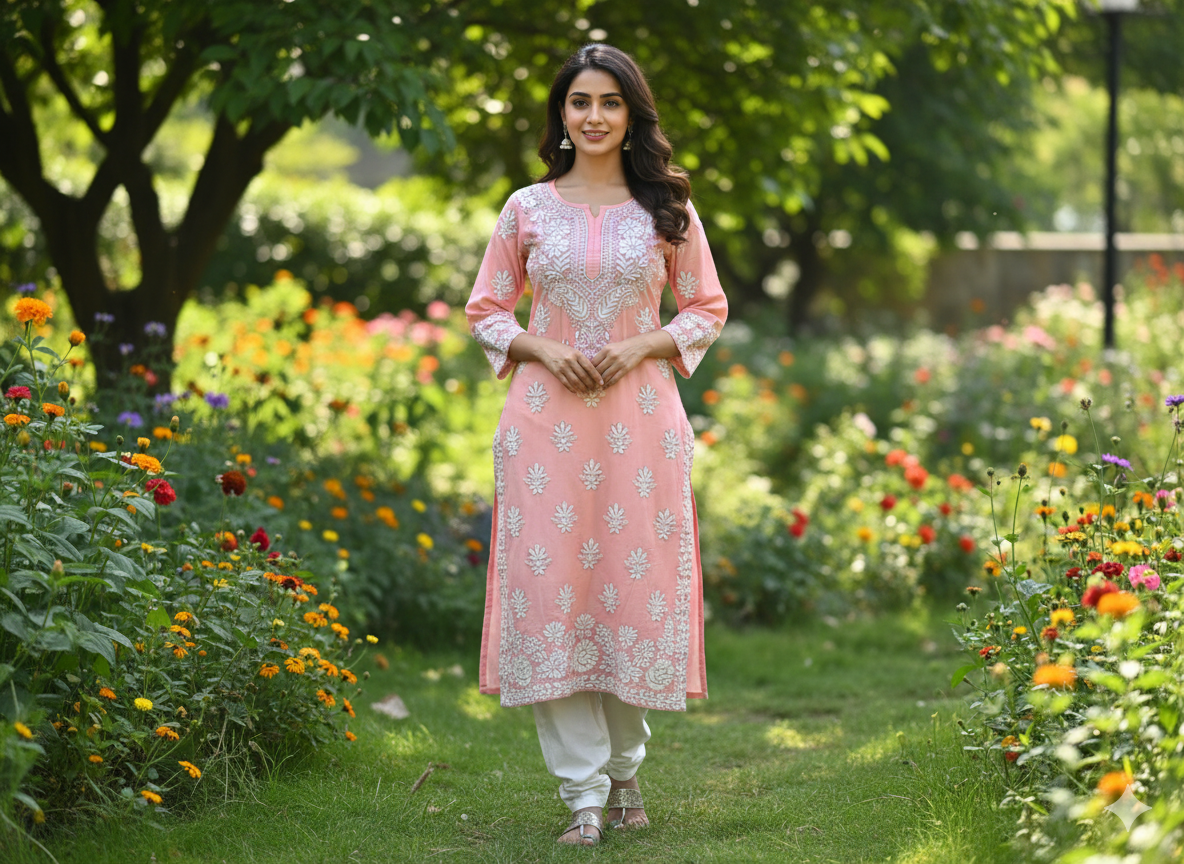 "Pink Modal Chikankari Kurti with White Hand Embroidery | Elegant Lucknowi Ethnic Wear for Women"