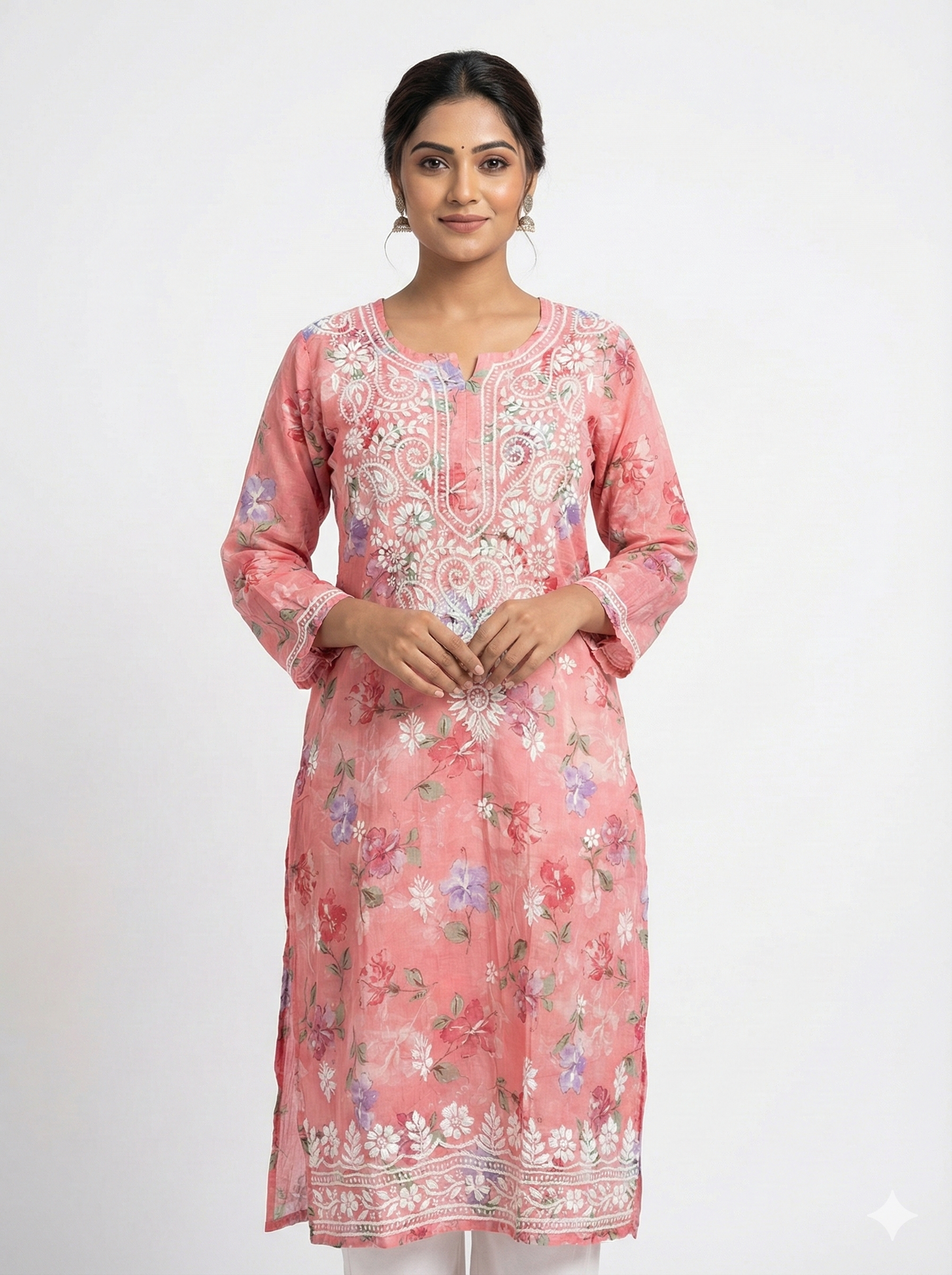 Pink Malmal Chikankari Kurti for Women | Pure Mulmul Cotton | Floral Printed Kurta with Hand Embroidery | Summer Wear Ethnic Kurti