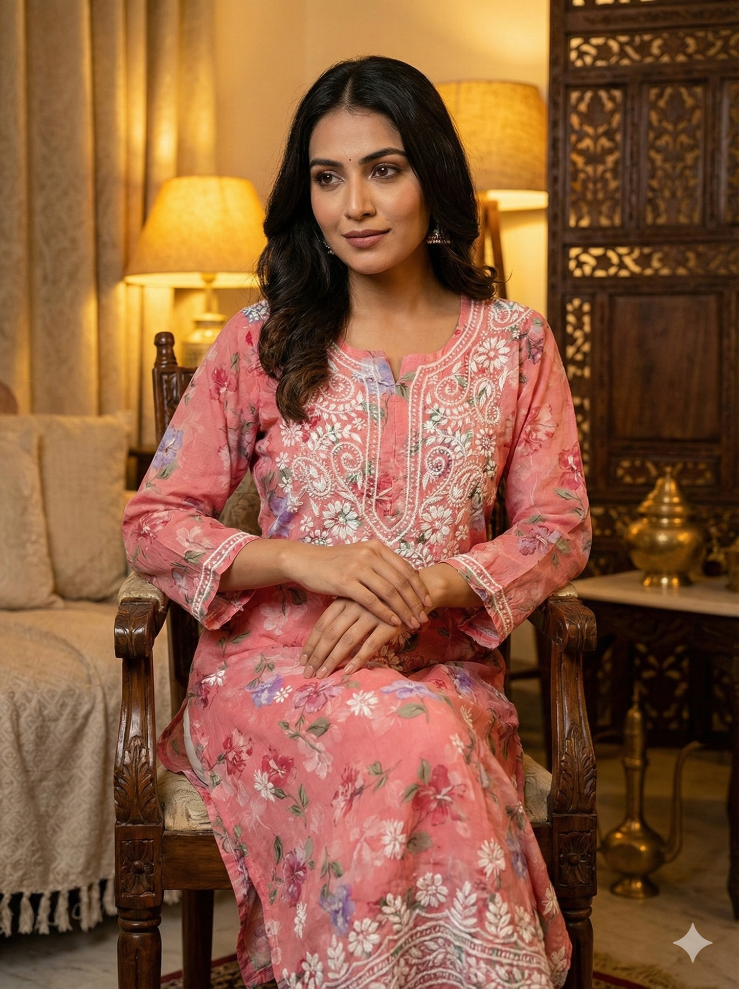 Pink Malmal Chikankari Kurti for Women | Pure Mulmul Cotton | Floral Printed Kurta with Hand Embroidery | Summer Wear Ethnic Kurti