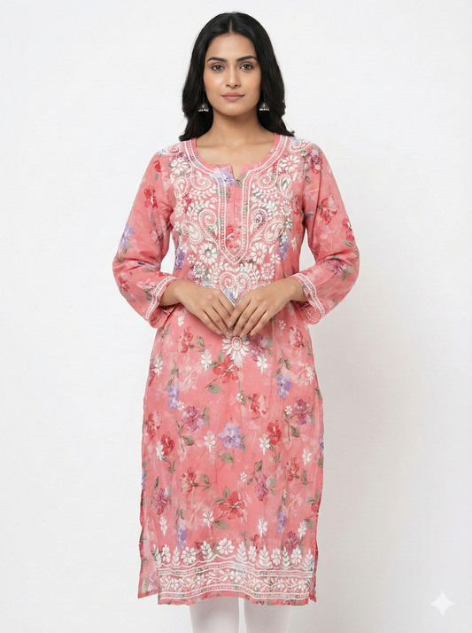 Pink Malmal Chikankari Kurti for Women | Pure Mulmul Cotton | Floral Printed Kurta with Hand Embroidery | Summer Wear Ethnic Kurti