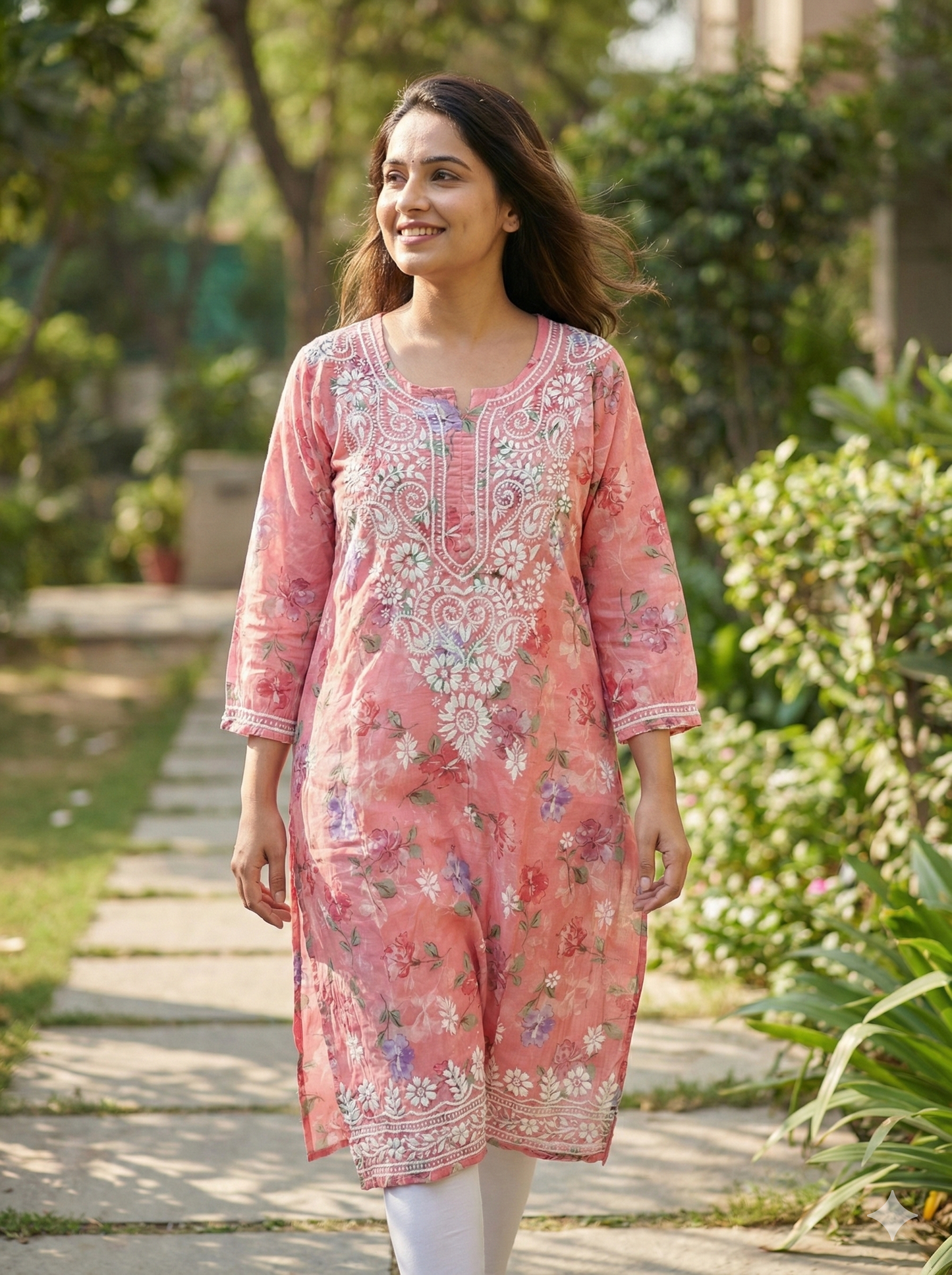 Pink Malmal Chikankari Kurti for Women | Pure Mulmul Cotton | Floral Printed Kurta with Hand Embroidery | Summer Wear Ethnic Kurti