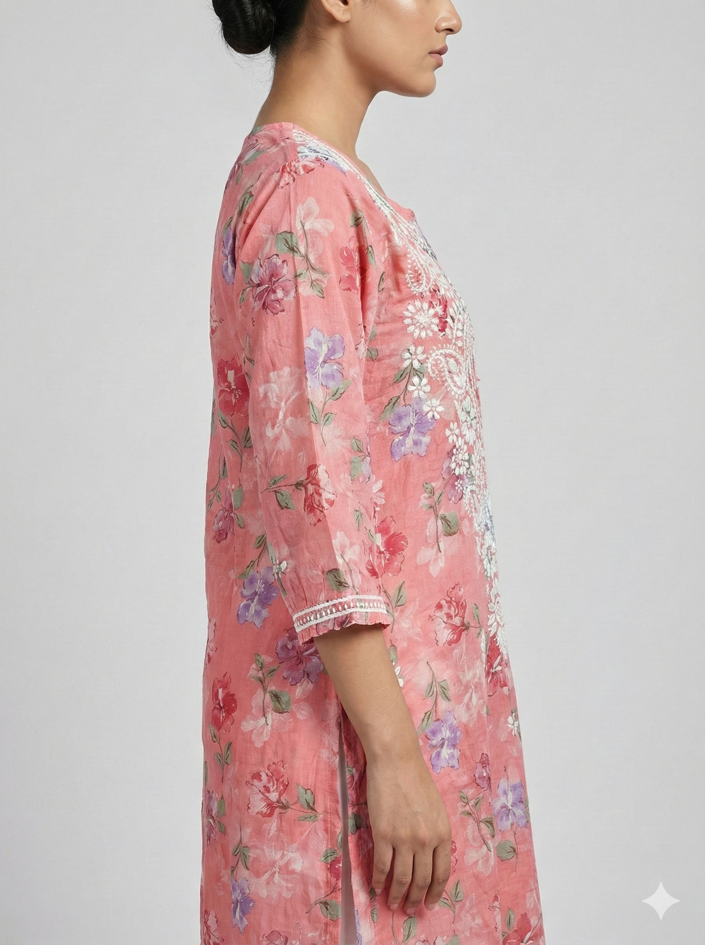 Pink Malmal Chikankari Kurti for Women | Pure Mulmul Cotton | Floral Printed Kurta with Hand Embroidery | Summer Wear Ethnic Kurti