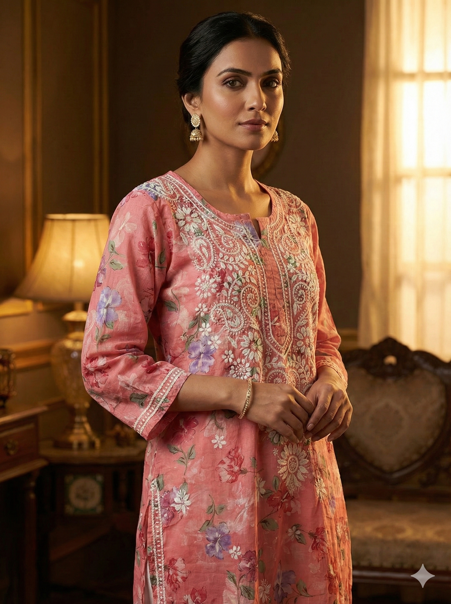 Pink Malmal Chikankari Kurti for Women | Pure Mulmul Cotton | Floral Printed Kurta with Hand Embroidery | Summer Wear Ethnic Kurti