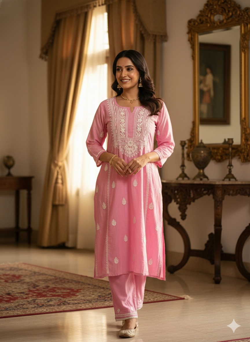 Lucknow Best Chikankari Pink Rayon Kurti | Authentic Hand-Embroidered Lucknowi Kurta for Women