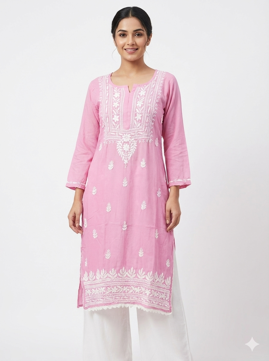Lucknow Best Chikankari Pink Rayon Kurti | Authentic Hand-Embroidered Lucknowi Kurta for Women