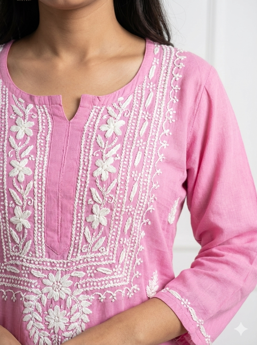 Lucknow Best Chikankari Pink Rayon Kurti | Authentic Hand-Embroidered Lucknowi Kurta for Women