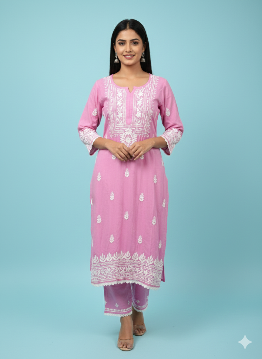Lucknow Best Chikankari Pink Rayon Kurti | Authentic Hand-Embroidered Lucknowi Kurta for Women