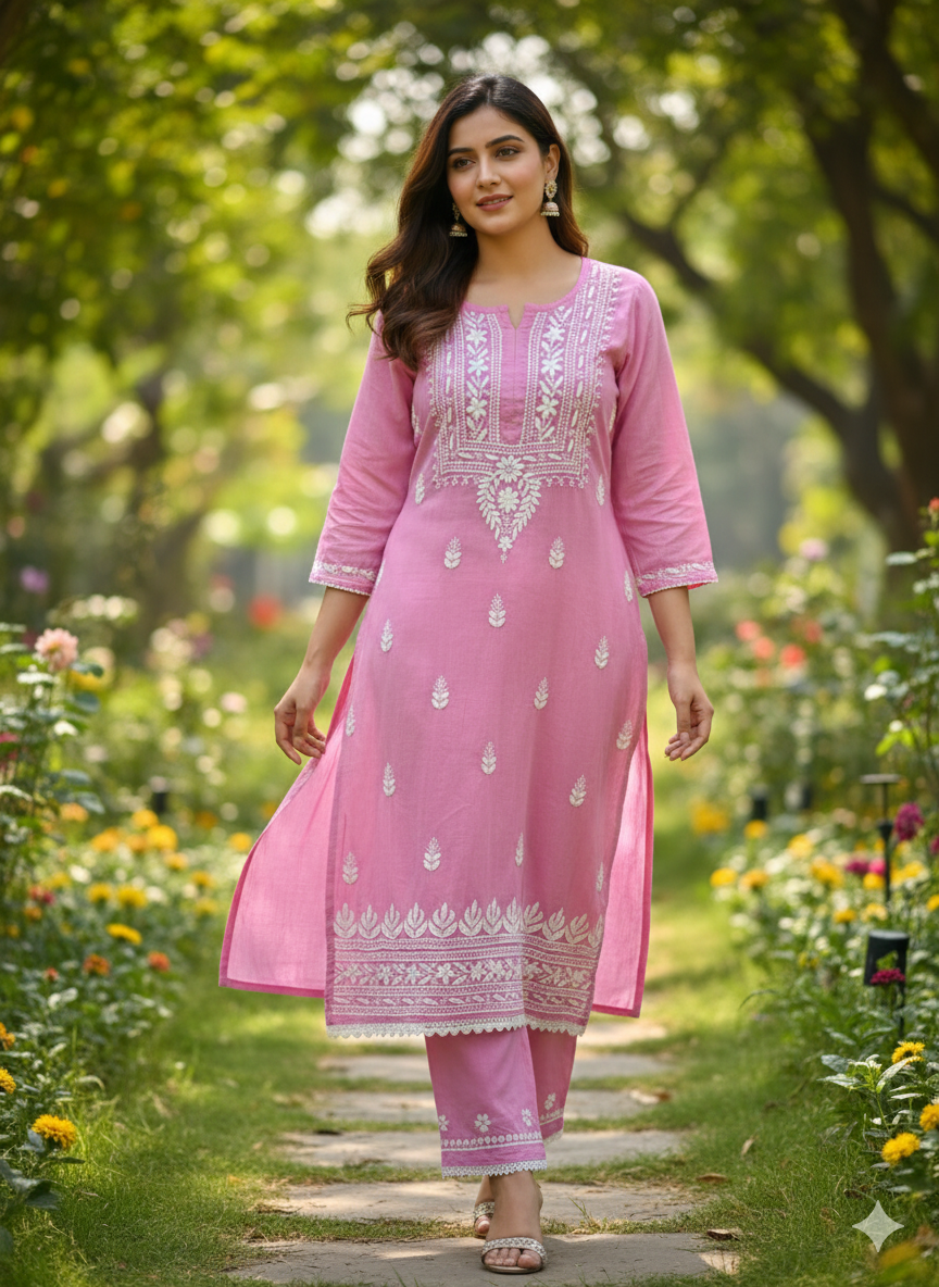 Lucknow Best Chikankari Pink Rayon Kurti | Authentic Hand-Embroidered Lucknowi Kurta for Women