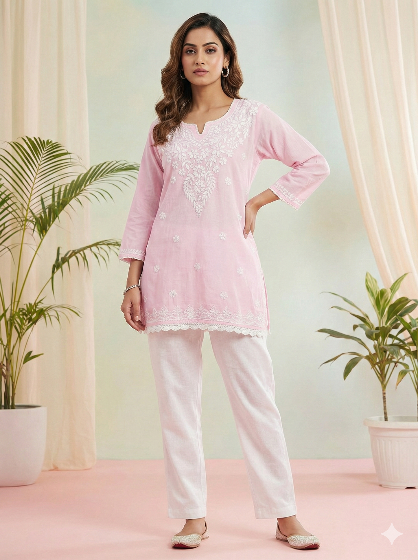 Baby Pink Modal Chikankari Short Kurti – Handcrafted Lucknowi Elegance