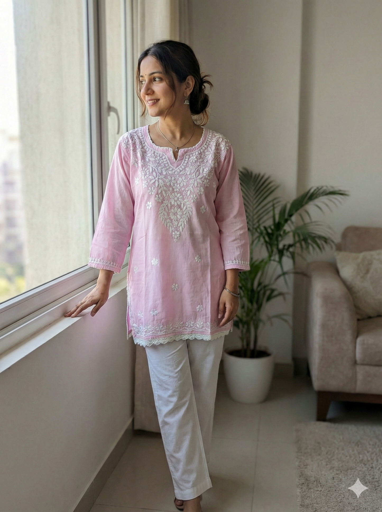 Baby Pink Modal Chikankari Short Kurti – Handcrafted Lucknowi Elegance