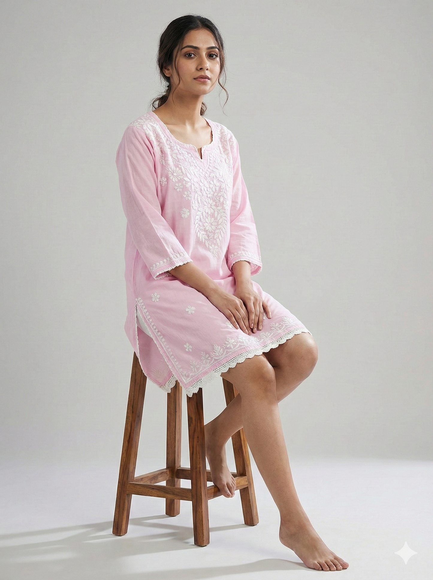 Baby Pink Modal Chikankari Short Kurti – Handcrafted Lucknowi Elegance
