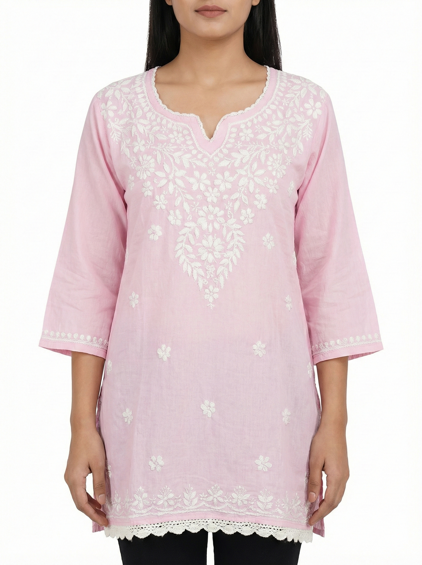 Baby Pink Modal Chikankari Short Kurti – Handcrafted Lucknowi Elegance
