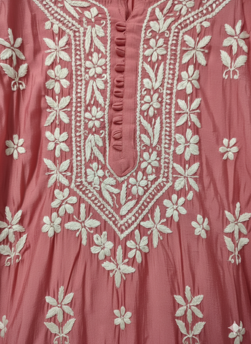 Lucknow Best Chikankari Women's Pink Silk Cotton Hand-Embroidered Kurti | Elegant Lucknowi Straight Kurta for Festive & Casual Wear