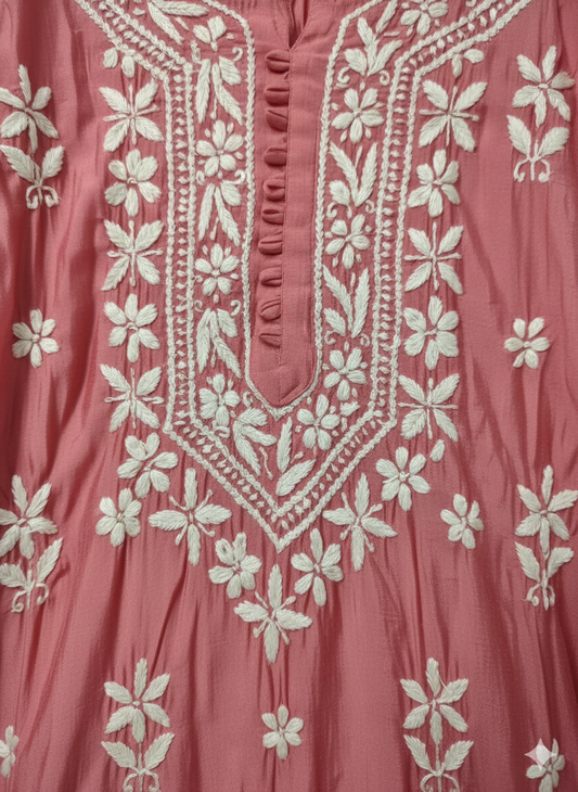 Pink silk cotton Chikankari kurti embroidery close up