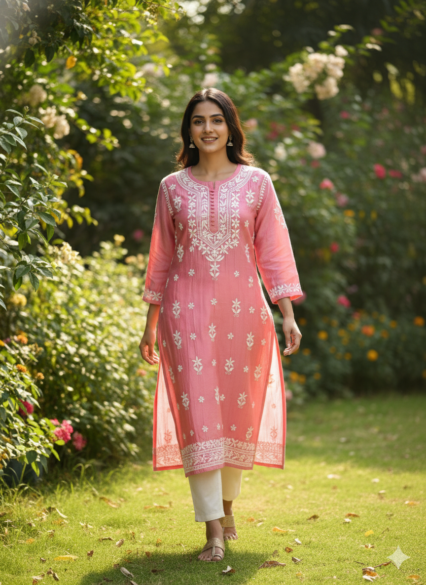 Lucknow Best Chikankari Women's Pink Silk Cotton Hand-Embroidered Kurti | Elegant Lucknowi Straight Kurta for Festive & Casual Wear