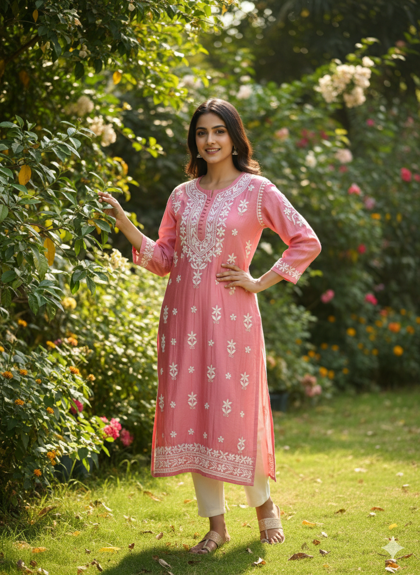 Lucknow Best Chikankari Women's Pink Silk Cotton Hand-Embroidered Kurti | Elegant Lucknowi Straight Kurta for Festive & Casual Wear