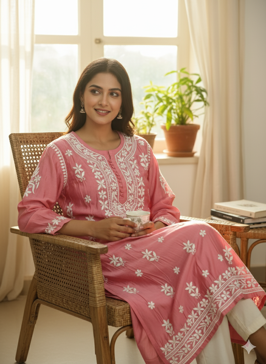 Lucknow Best Chikankari Women's Pink Silk Cotton Hand-Embroidered Kurti | Elegant Lucknowi Straight Kurta for Festive & Casual Wear
