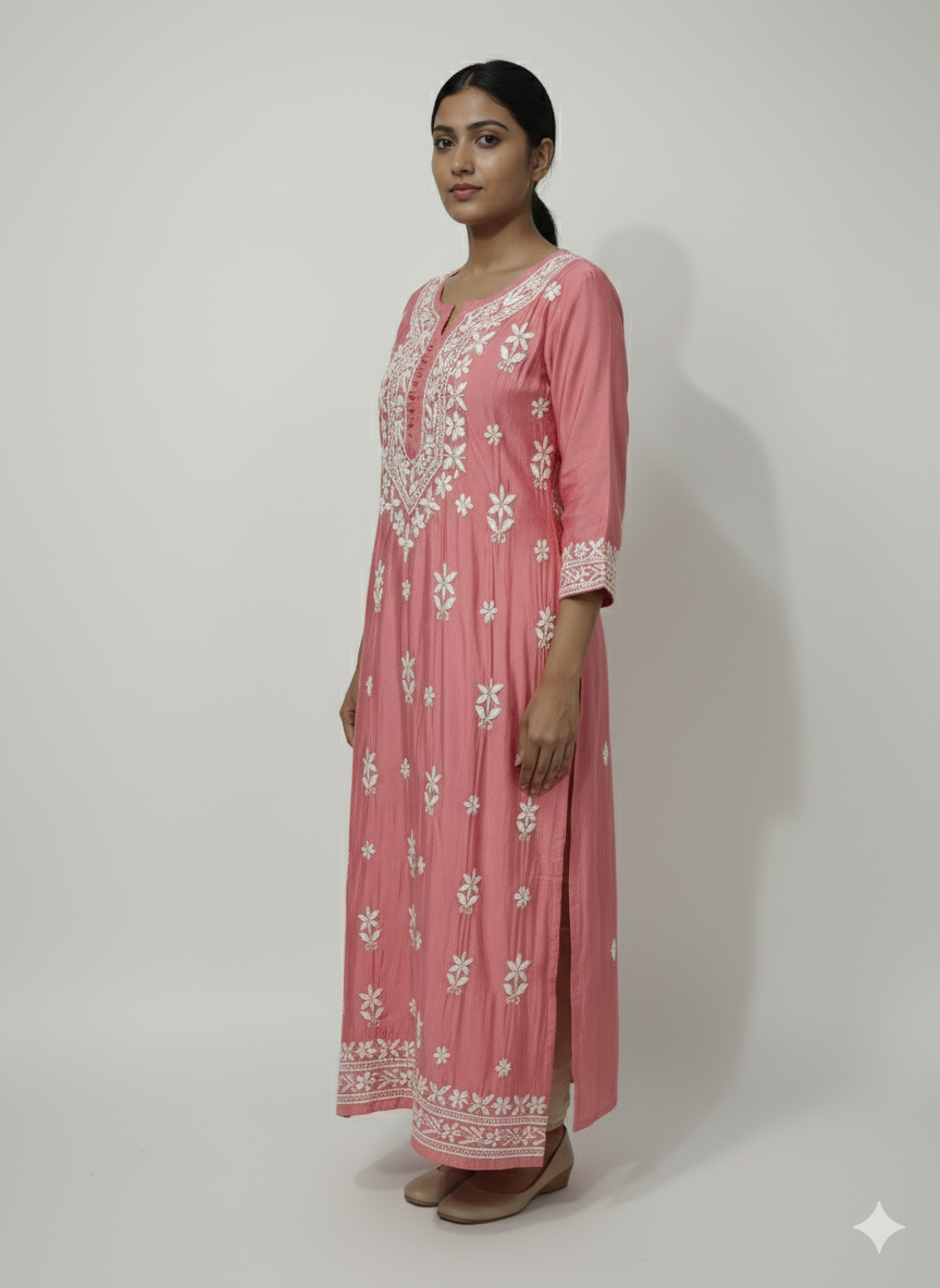 Lucknow Best Chikankari Women's Pink Silk Cotton Hand-Embroidered Kurti | Elegant Lucknowi Straight Kurta for Festive & Casual Wear