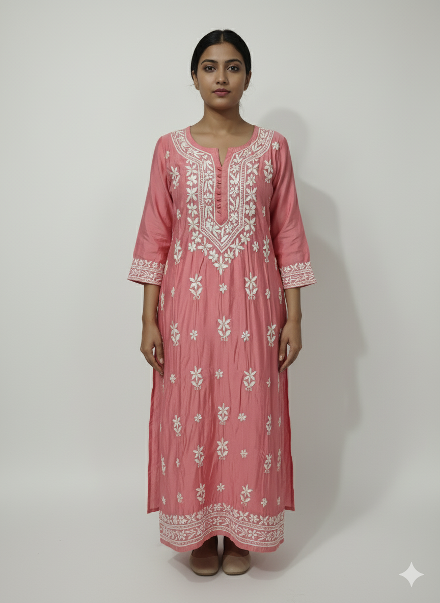 Lucknow Best Chikankari Women's Pink Silk Cotton Hand-Embroidered Kurti | Elegant Lucknowi Straight Kurta for Festive & Casual Wear