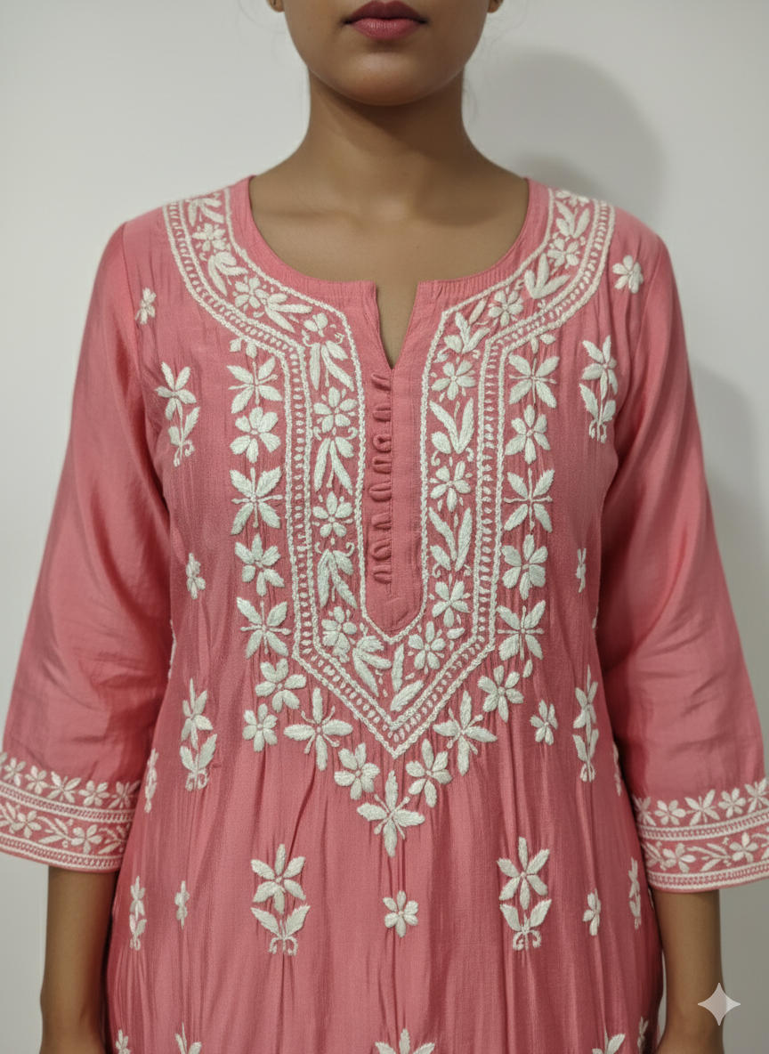 Lucknow Best Chikankari Women's Pink Silk Cotton Hand-Embroidered Kurti | Elegant Lucknowi Straight Kurta for Festive & Casual Wear